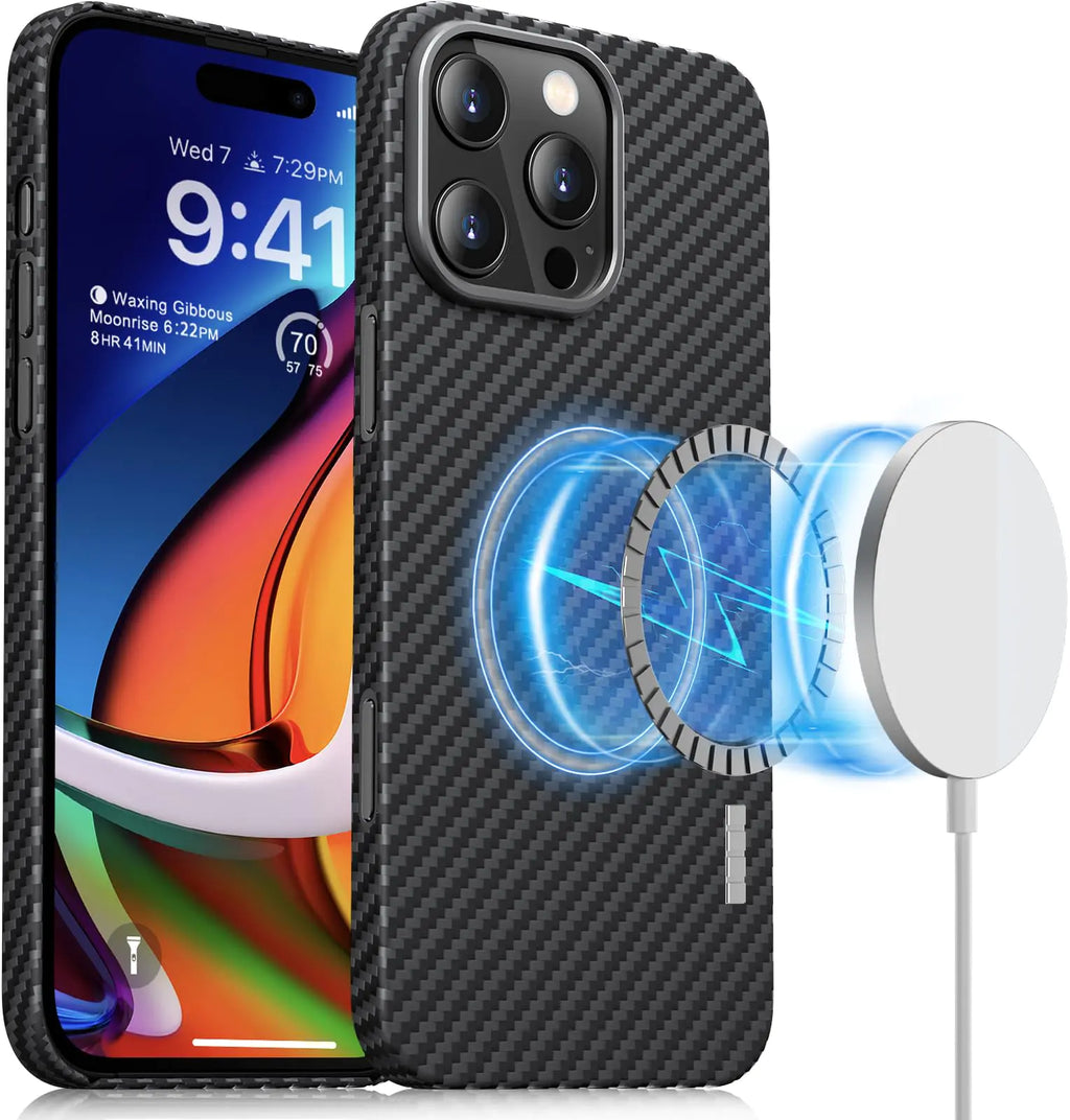 Funda Magnética memumi para iPhone 16 Pro de Fibra de Carbono, Compatible con Mag-Safe, Cubierta Resistente y Duradera para iPhone 16 Pro de Fibra de Aramida con Protección Militar Contra Caídas, Negra