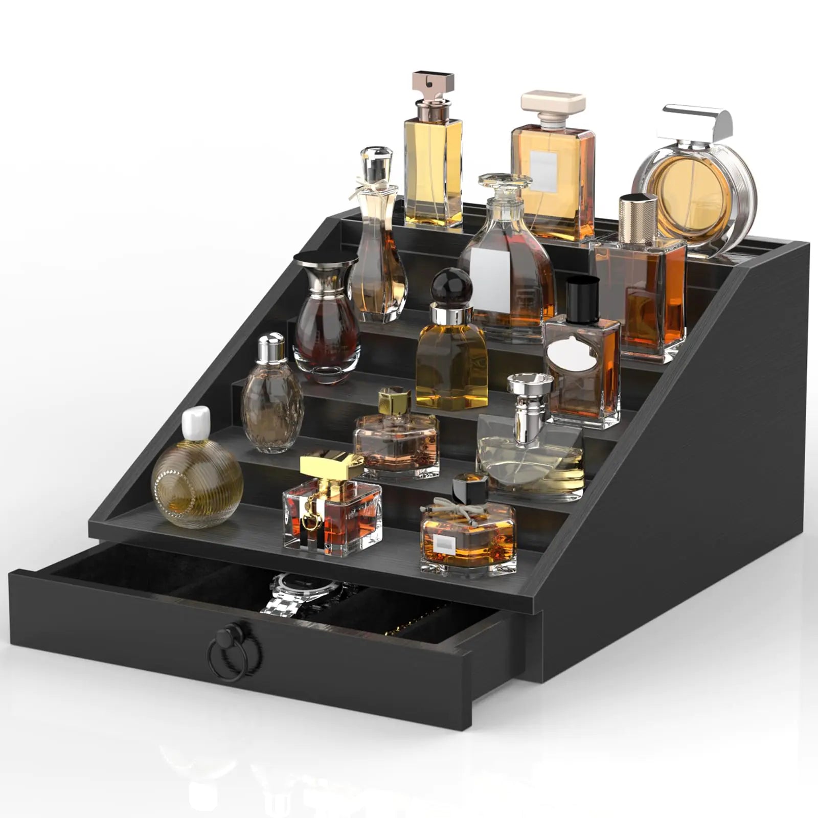 upcessory Organizador de Colonias de Madera para Hombres con 5 Niveles, Estante para Colonias, Organizador de Perfumes con Cajón Forrado en Terciopelo y Almacenamiento Oculto, Soporte de Exhibición de Perfumes para Tocador, Regalo Ideal (Negro Elegante)