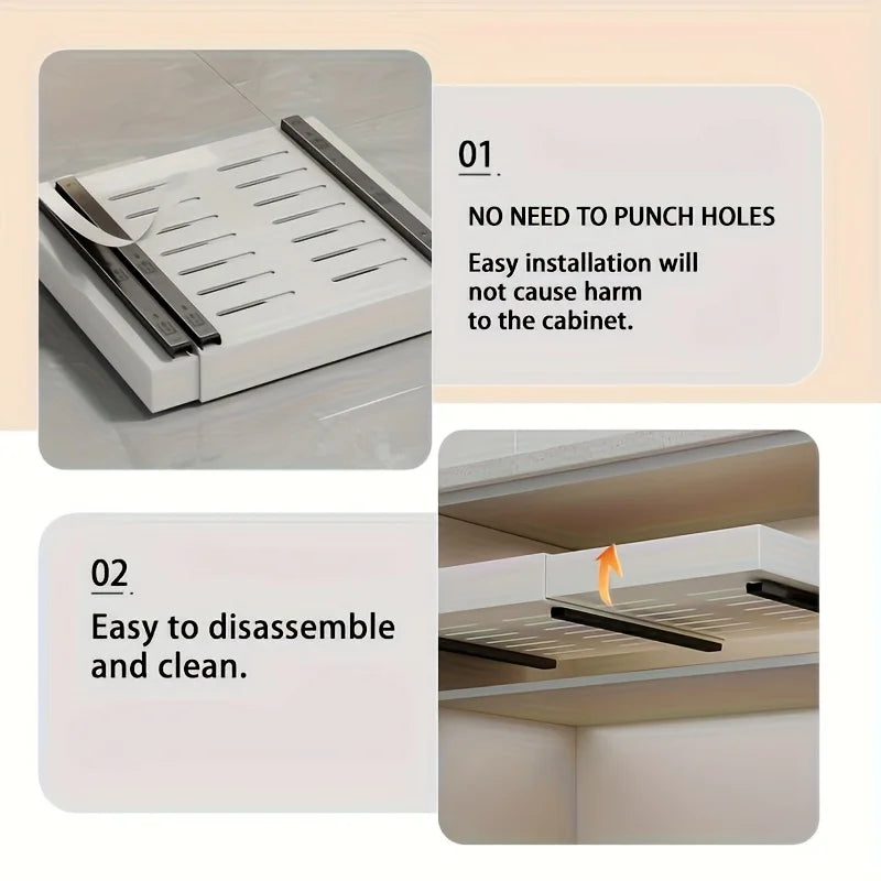 1 pieza – Organizador de armario extensible con cajones extraíbles, instalación adhesiva.
Estantes deslizantes de almacenamiento para organización de cocina, despensa y baño.
Accesorios prácticos para optimizar el espa