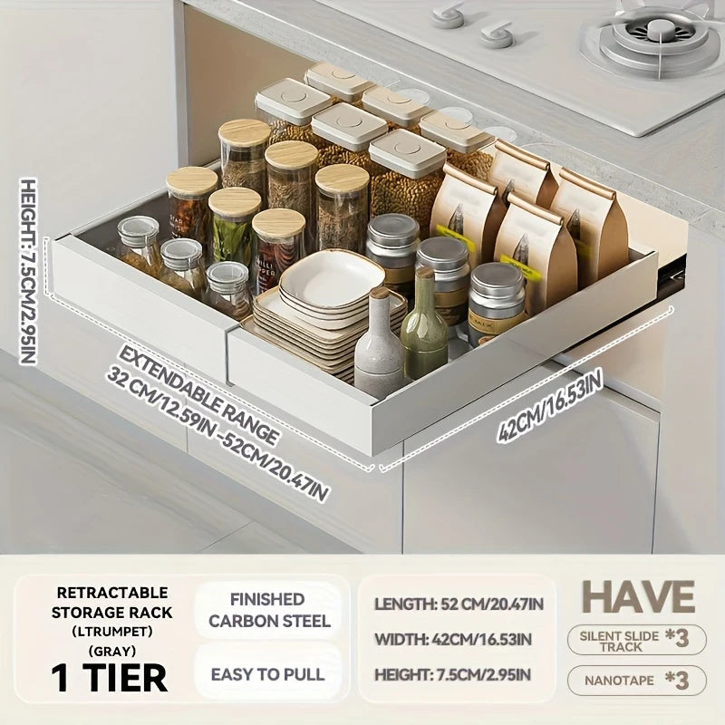 1 pieza – Organizador de armario extensible con cajones extraíbles, instalación adhesiva.
Estantes deslizantes de almacenamiento para organización de cocina, despensa y baño.
Accesorios prácticos para optimizar el espa