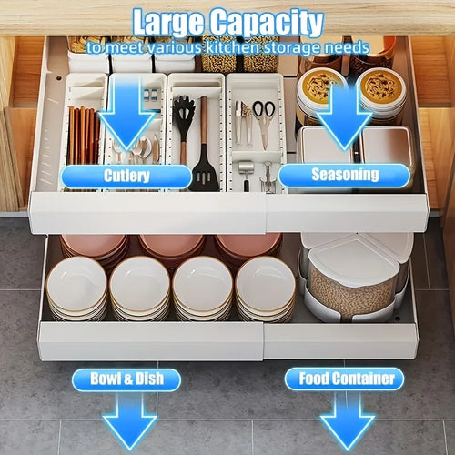 1 pieza – Organizador de armario extensible con cajones extraíbles, instalación adhesiva.
Estantes deslizantes de almacenamiento para organización de cocina, despensa y baño.
Accesorios prácticos para optimizar el espa