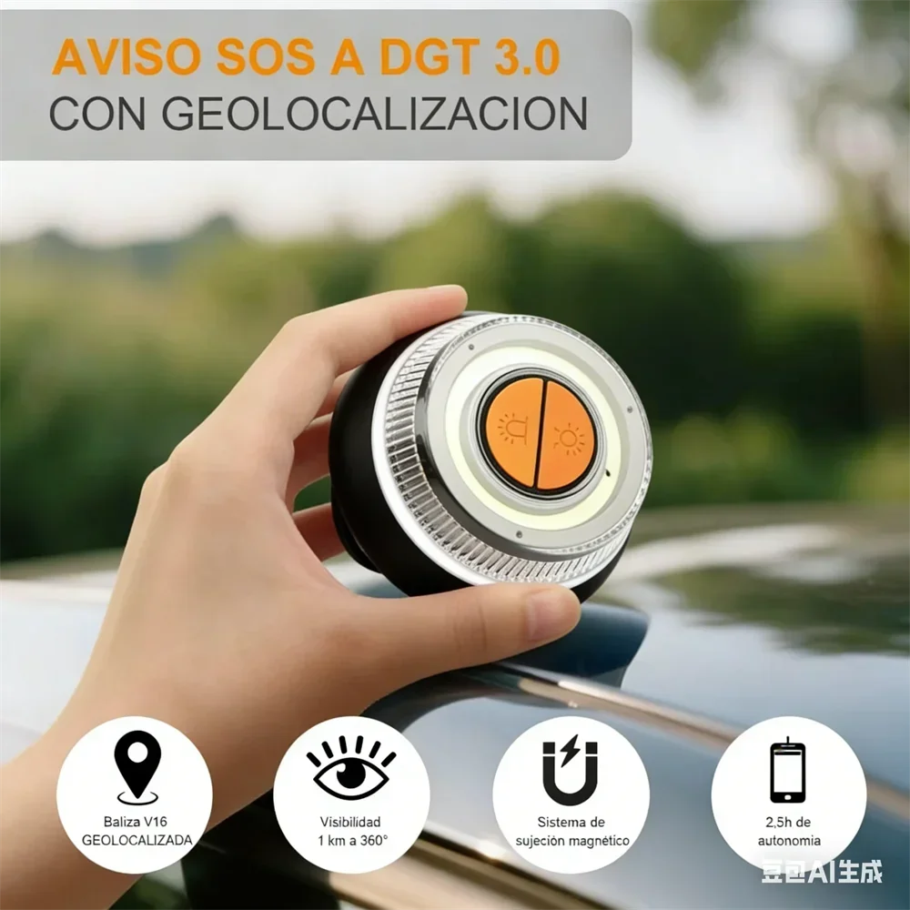Baliza V16 LED para coche homologada DGT 3.0 con geolocalización, señalización 360°, luz de emergencia.