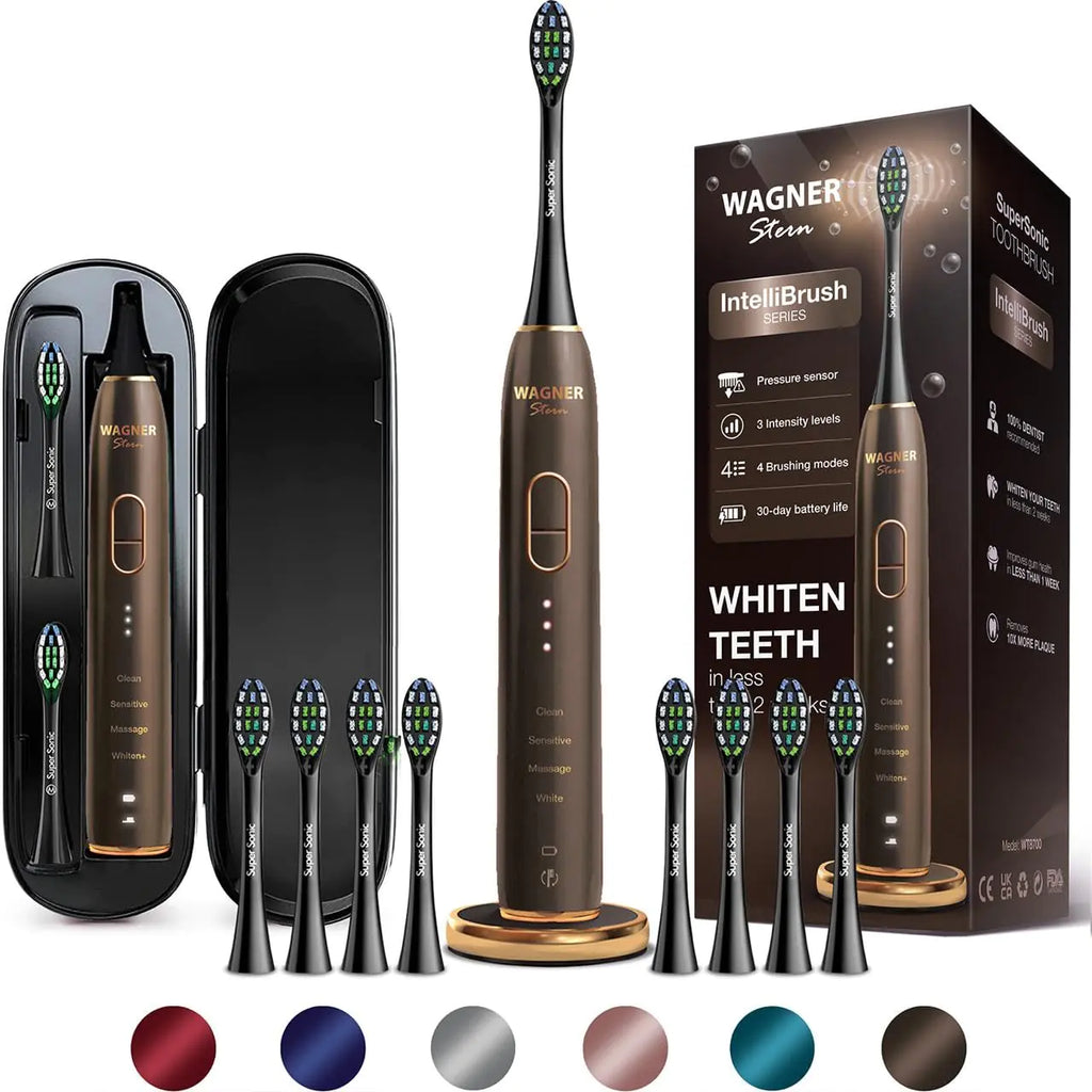 Cepillo de Dientes Eléctrico Wagner Stern IntelliBrush Serie Blanqueadora con Sensor de Presión. Ofrece 4 Modos de Cepillado, 3 Intensidades, 8 Cabezales Suaves y un Estuche de Viaje de Lujo.